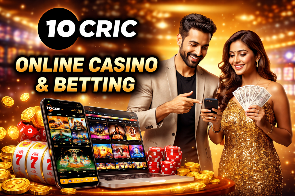 10Cric online casino platform displayed on mobile phone and laptop with casino chips and coins, illustrating mobile gaming and sports betting access for Indian players.